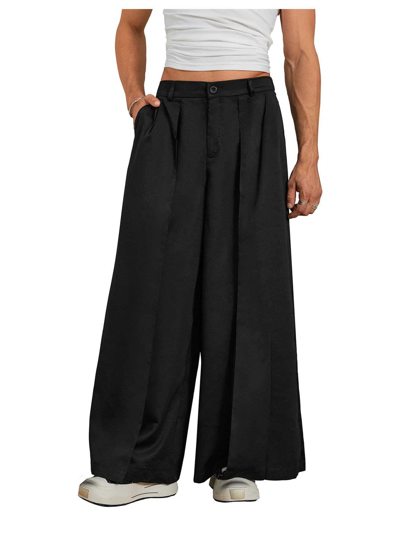 SHENHE Men's Wide Leg Pleated Pants Zipper Fly Baggy Pants Casual
